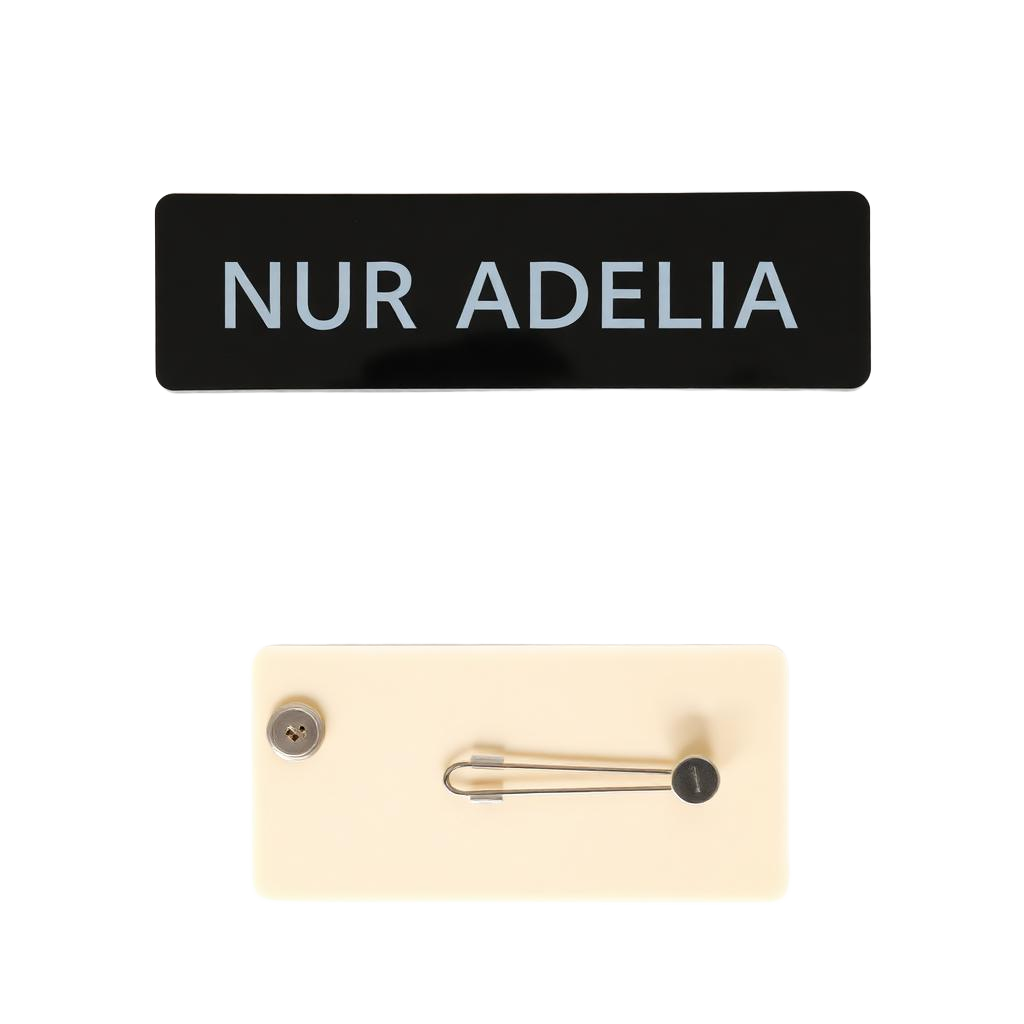 Custom black acrylic name tag with white text by EMO
